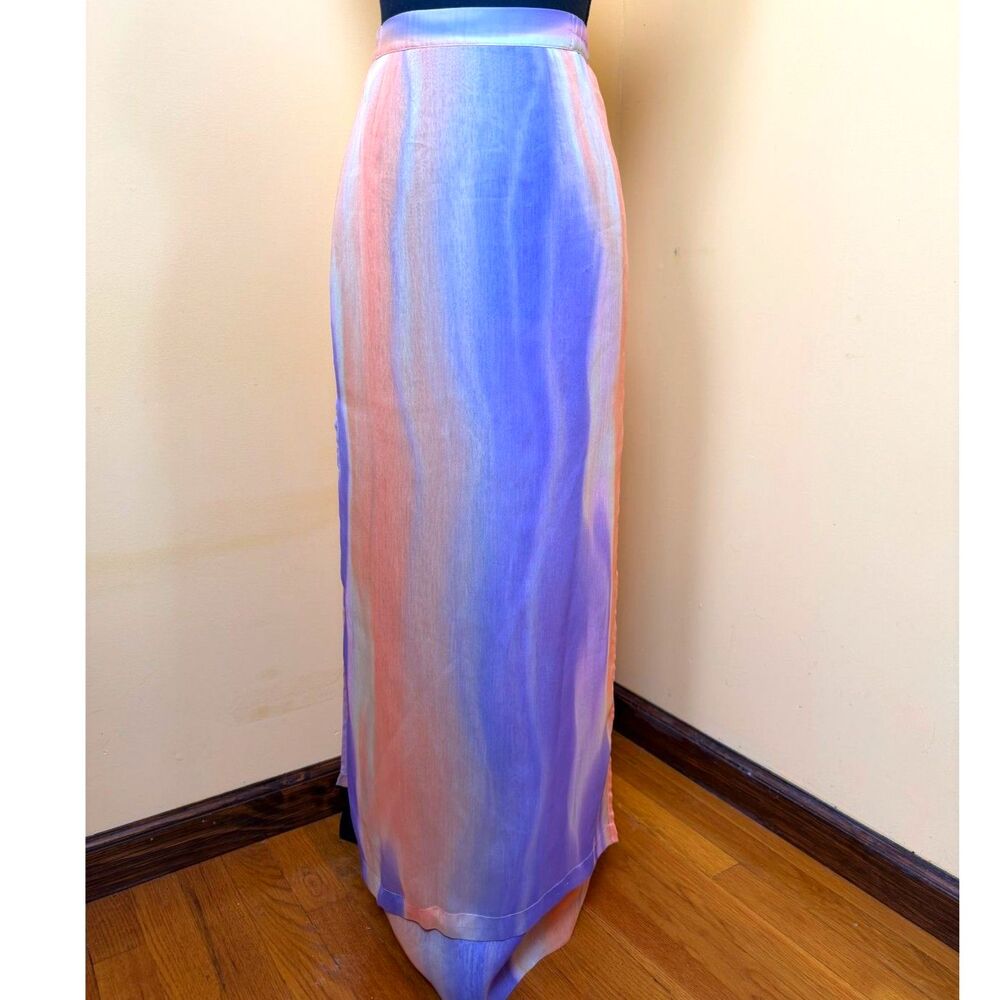 VTG 90s Suzanne Collectables Silky Maxi Skirt M Watercolor Ombre Pastel Sheer